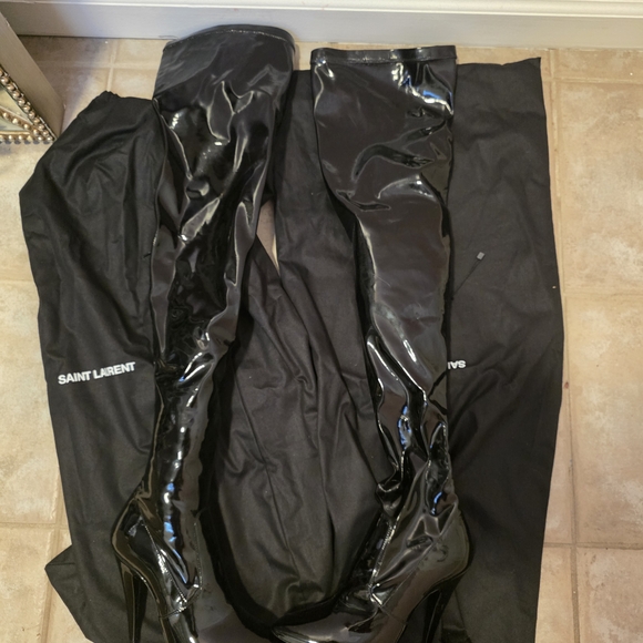 Saint Laurent Black Patent Leather Over-the-Knee Stiletto Boots - Picture 5 of 12